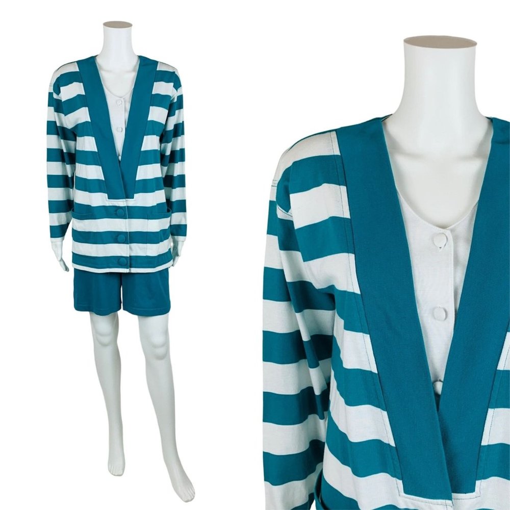 Vintage 1980s Striped Romper Teal Raglan Sleeves Cardigan Illusion Playsuit